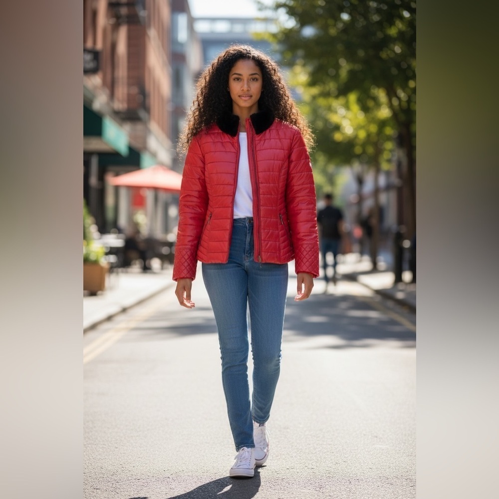 Guess Red Puffer Jacket with Black Faux Fur Collar